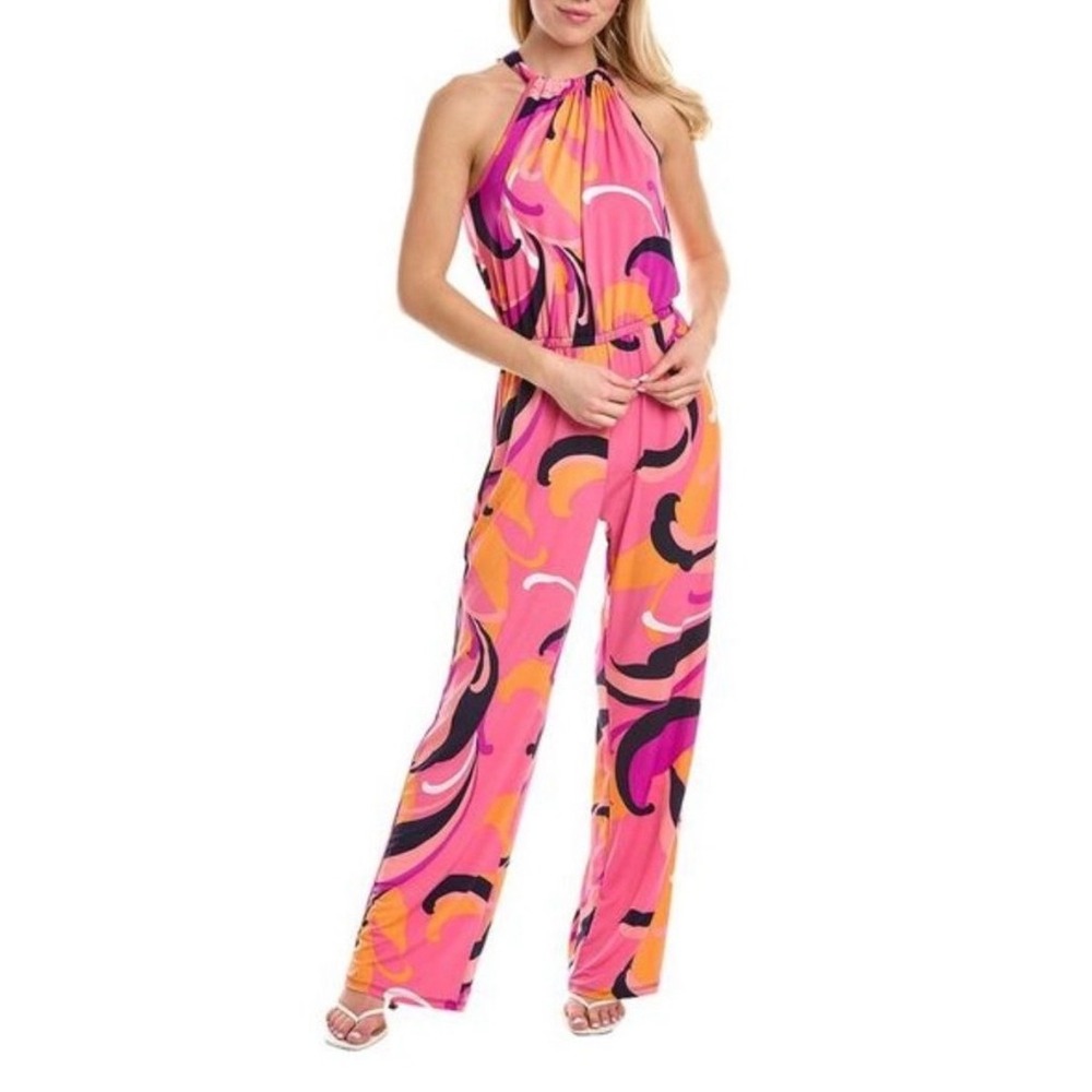 Trina Turk Pink Orange Swirl Halter Wide Leg Jumpsuit Womens Size Medium